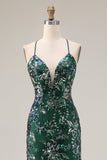 Vestido de baile longo, verde escuro brilhante, com costas abertas, com lantejoulas