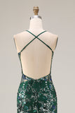 Vestido de baile longo, verde escuro brilhante, com costas abertas, com lantejoulas