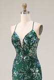 Vestido de baile longo, verde escuro brilhante, com costas abertas, com lantejoulas