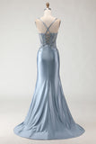 Vestido comprido de baile de baile de cetim com alças finas cinzenta-azul-azul aplicadas