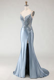 Vestido comprido de baile de baile de cetim com alças finas cinzenta-azul-azul aplicadas