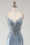Vestido comprido de baile de baile de cetim com alças finas cinzenta-azul-azul aplicadas