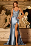 Vestido de Baile de Finalistas Cinzento-Azul-Azulado com Alças Finas de Cetim e Fenda