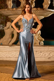 Vestido de Baile de Finalistas Cinzento-Azul-Azulado com Alças Finas de Cetim e Fenda