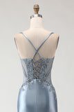 Vestido comprido de baile de baile de cetim com alças finas cinzenta-azul-azul aplicadas