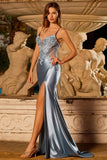Vestido de Baile de Finalistas Cinzento-Azul-Azulado com Alças Finas de Cetim e Fenda