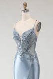 Vestido comprido de baile de baile de cetim com alças finas cinzenta-azul-azul aplicadas