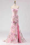 Vestido de baile de finalistas cor-de-rosa sem alças com lantejoulas, Corset de Lantejoulas, com abertura