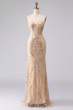 Vestido de Baile Longo Sereia Champanhe Brilhante com Aplicações de Missangas