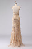 Vestido de Baile Longo Sereia Champanhe Brilhante com Aplicações de Missangas