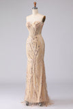 Vestido de Baile Longo Sereia Champanhe Brilhante com Aplicações de Missangas