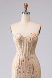 Vestido de Baile Longo Sereia Champanhe Brilhante com Aplicações de Missangas