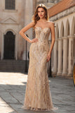 Vestido de Baile Longo Sereia Champanhe Brilhante com Aplicações de Missangas