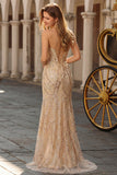 Vestido de Baile Longo Sereia Champanhe Brilhante com Aplicações de Missangas