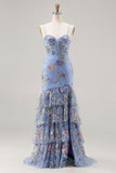 Vestido de Baile de Baile Floral com Lantejoulas Cor-de-Rosa e Com Folhos e Abertura