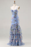 Vestido de Baile de Baile Floral com Lantejoulas Cor-de-Rosa e Com Folhos e Abertura