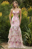 Vestido de Baile Longo Floral com Folhos e Lantejoulas