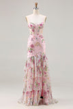 Vestido de Baile de Baile Floral com Lantejoulas Cor-de-Rosa e Com Folhos e Abertura