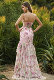 Vestido de Baile Longo Floral com Folhos e Lantejoulas