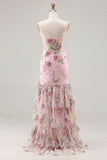 Vestido de Baile de Baile Floral com Lantejoulas Cor-de-Rosa e Com Folhos e Abertura
