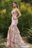 Vestido de Baile Floral Longo com Abertura de Sereias Rosa com Lantejoulas