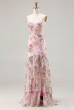 Vestido de Baile de Baile Floral com Lantejoulas Cor-de-Rosa e Com Folhos e Abertura