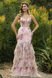 Vestido de Baile Longo Floral com Folhos e Lantejoulas