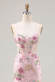 Vestido de Baile de Baile Floral com Lantejoulas Cor-de-Rosa e Com Folhos e Abertura