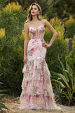 Vestido de Baile Longo Floral com Folhos e Lantejoulas