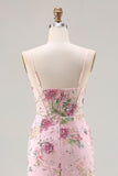 Vestido de Baile de Baile Floral com Lantejoulas Cor-de-Rosa e Com Folhos e Abertura