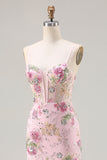 Vestido de Baile de Baile Floral com Lantejoulas Cor-de-Rosa e Com Folhos e Abertura
