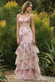 Vestido de Baile Floral Longo com Abertura de Sereias Rosa com Lantejoulas