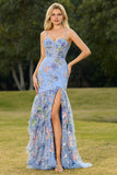 Vestido de Baile Longo Floral com Folhos e Lantejoulas
