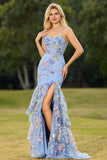 Vestido de Baile Floral Longo com Abertura de Sereias Rosa com Lantejoulas