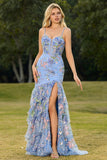 Vestido de Baile Floral Longo com Abertura de Sereias Rosa com Lantejoulas