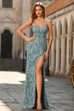 Vestido de Baile Longo Floral Cinzento Verde com Contas de Sereia e Fenda
