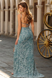 Vestido de Baile Longo Floral Cinzento Verde com Contas de Sereia e Fenda