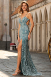 Vestido de Baile Longo Floral Cinzento Verde com Contas de Sereia e Fenda