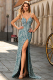 Vestido de Baile Longo Floral Cinzento Verde com Contas de Sereia e Fenda