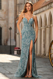 Vestido de Baile Longo Floral Cinzento Verde com Contas de Sereia e Fenda