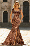 Vestido de Baile Comprido Estampado com Laços Castanho-Leopardo Sereia com Fenda