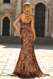 Vestido de Baile Comprido Estampado com Laços Castanho-Leopardo Sereia com Fenda