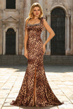 Vestido de Baile Comprido Estampado com Laços Castanho-Leopardo Sereia com Fenda