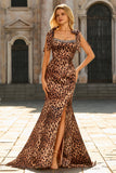 Vestido de Baile Comprido Estampado com Laços Castanho-Leopardo Sereia com Fenda