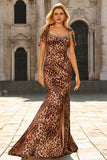 Vestido de Baile Comprido Estampado com Laços Castanho-Leopardo Sereia com Fenda