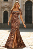 Vestido de Baile Comprido Estampado com Laços Castanho-Leopardo Sereia com Fenda