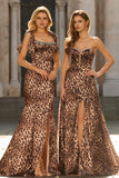Vestido de Baile Comprido Estampado com Laços Castanho-Leopardo Sereia com Fenda