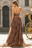 Vestido Longo de Baile Castanho Espartilho Linha-A e Sem Alças