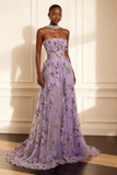 Purple Strapless Appliqued A-Line Long Prom Dress Com Flores 3D