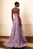 Purple Strapless Appliqued A-Line Long Prom Dress Com Flores 3D